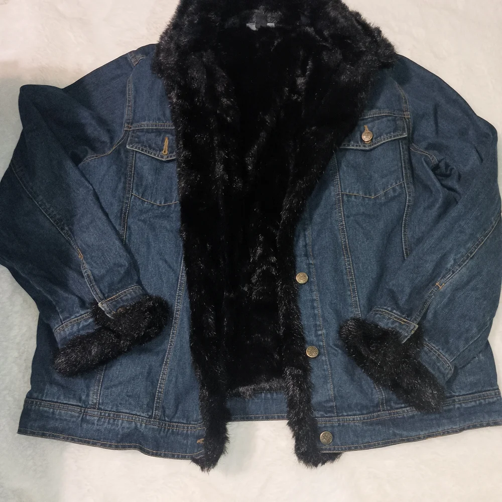 Dennis Basso Blue Denim Jacket with Black Faux Fur Trim - Picture 2 of 6